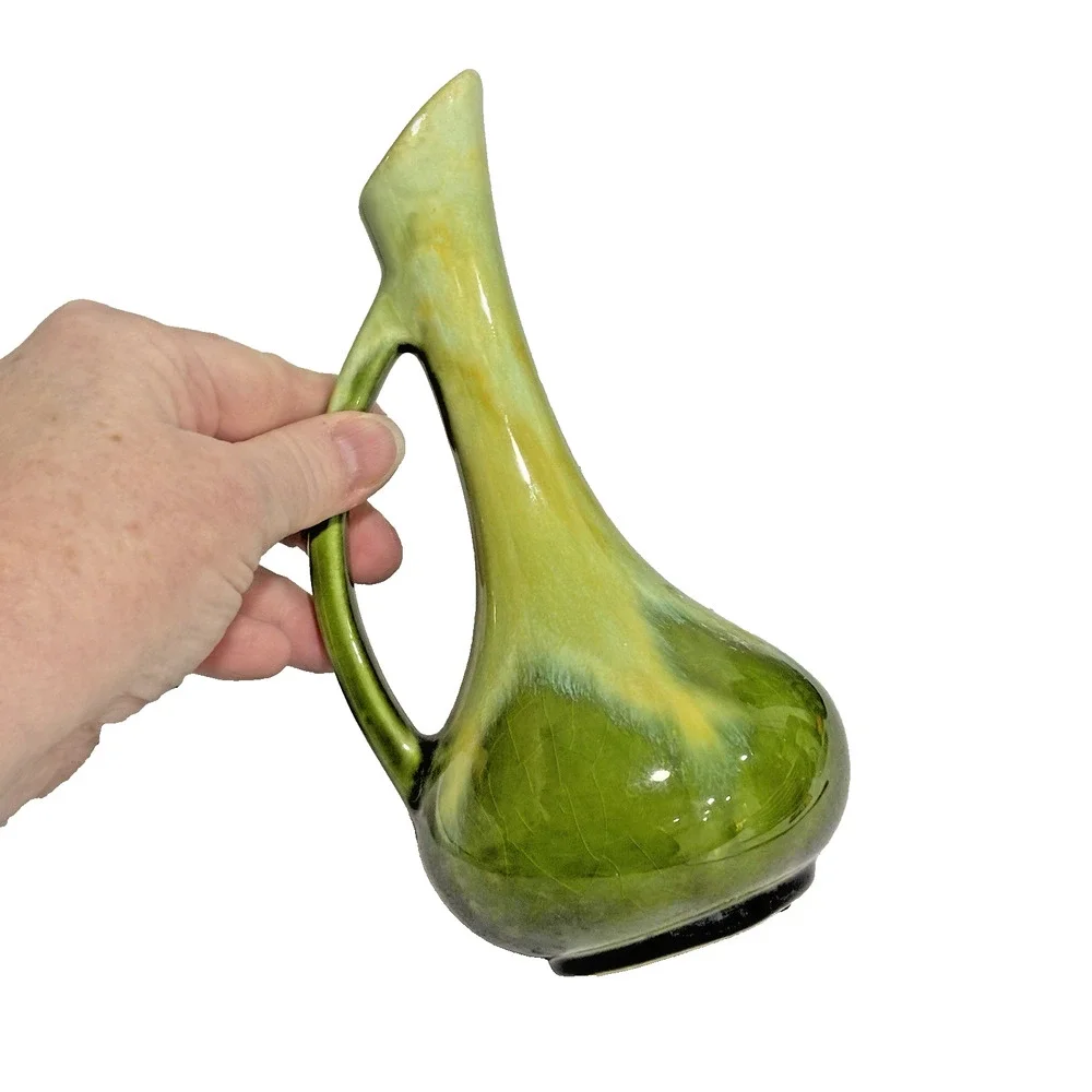 Vintage Haegar Pottery Vase Jug Ewer Handle Mid Century Green Agate Yellow Drip